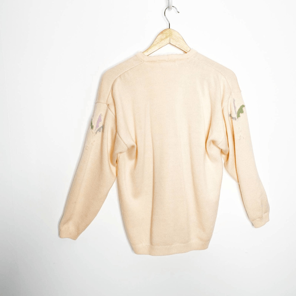 Vintage 80s Floral embroidered cardigan sweater orange pastel oversized M L - Picture 4 of 5